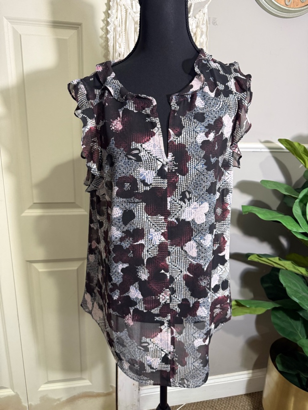 CAbi Sleeveless Floral Ruffle top- Black & Pink size small